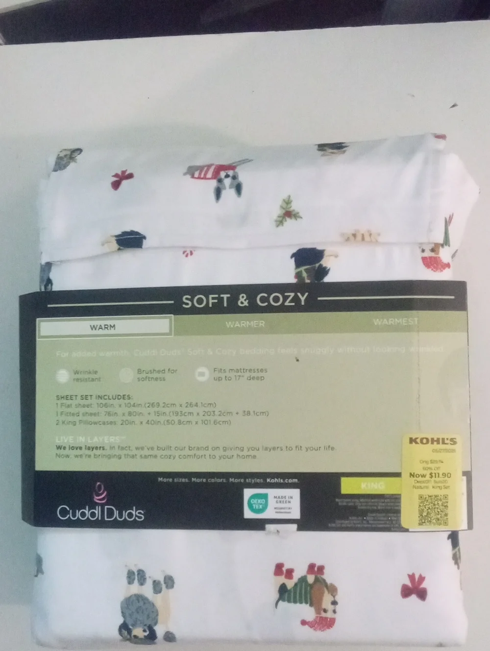 Cuddl Duds Winter Theme Sheet Set King Holiday Dog Print NWT